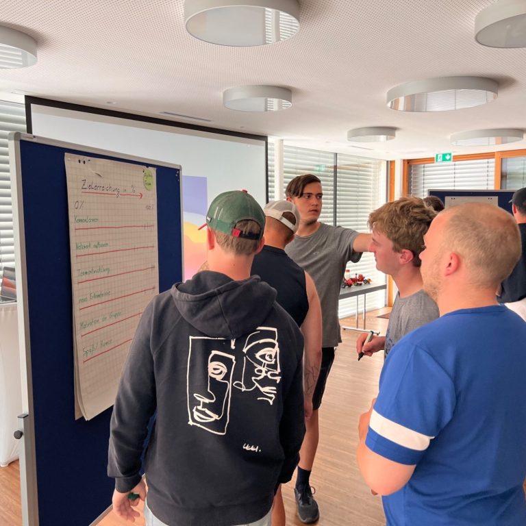 Junge Teilnehmende tauschen sich im Workshop an einem Flipchart über ihre Erfahrungen aus.