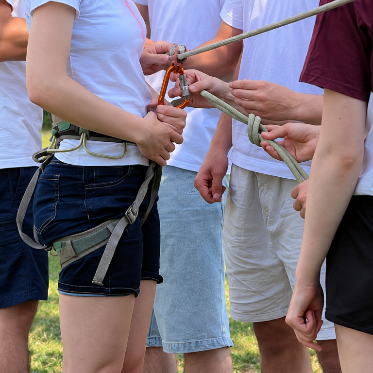 Verantwortung füreinander übernehmen Hände arbeiten gemeinsam mit Seil und Karabiner an einer Sicherungsaufgabe.