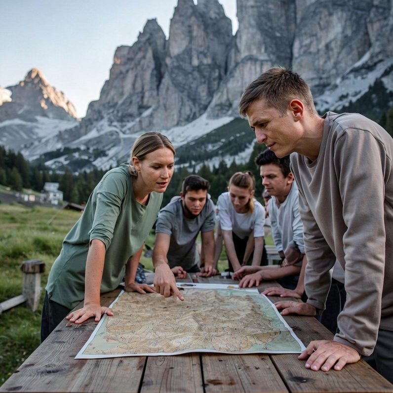 Klar kommunizieren und Orientierung finden Eine Gruppe bespricht gemeinsam eine Landkarte in einer Berglandschaft.